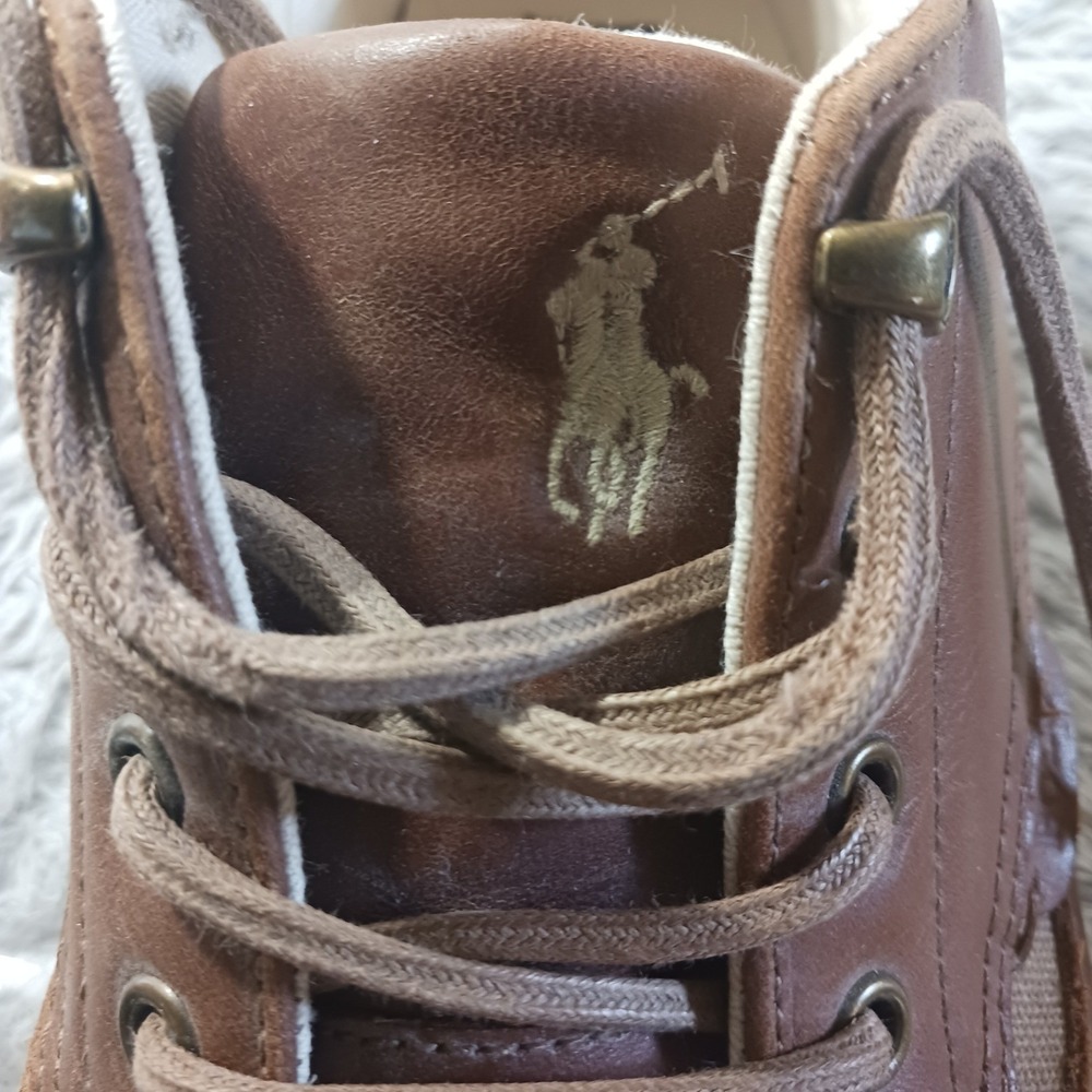 Polo Ralph Lauren Ramiro 13297 Mens 11.5D Brown Leather Canvas Duck‎ Boat Shoes - Picture 2 of 9